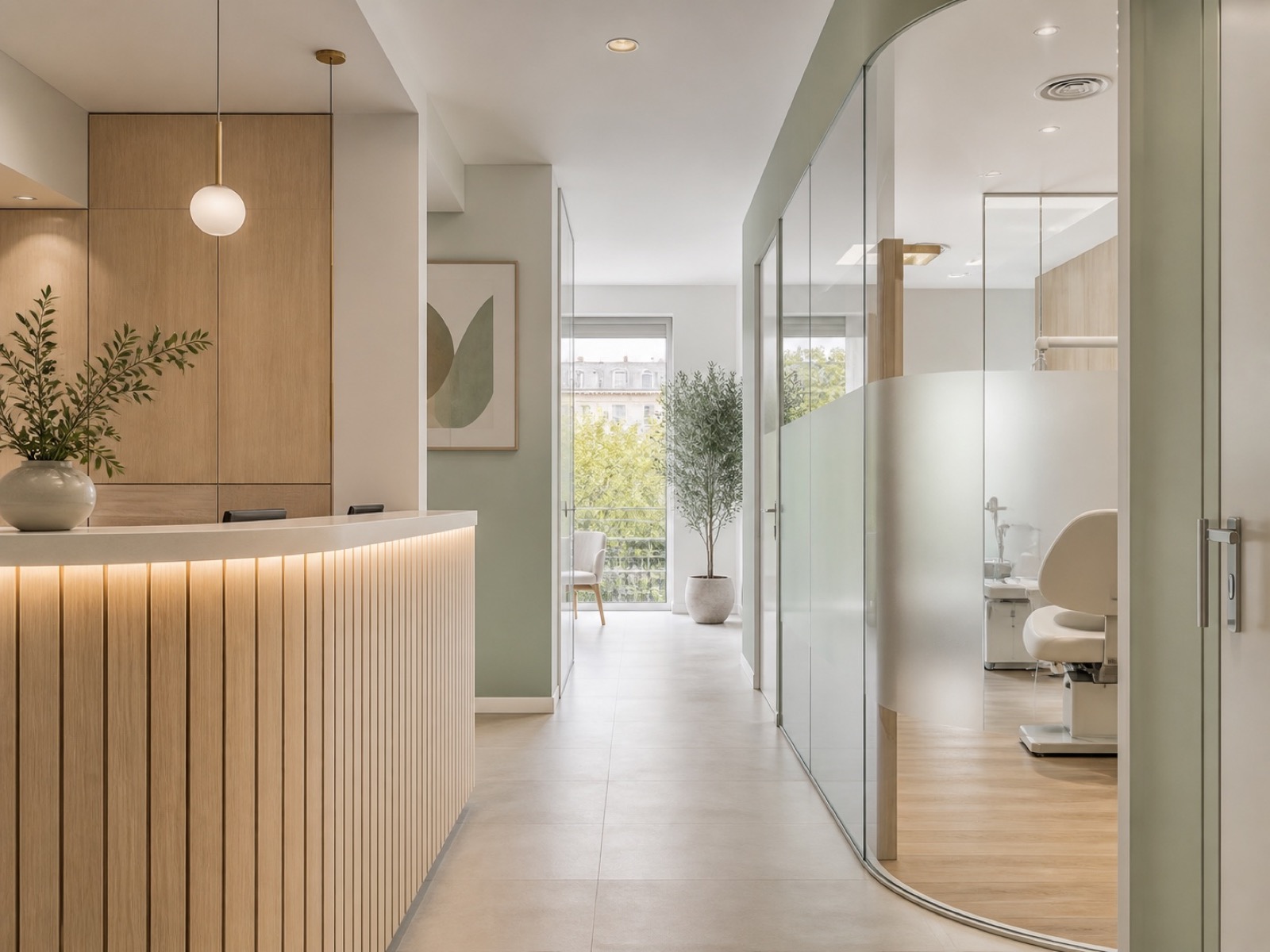 Interior ficticio de Clínica Azahar, con recepción luminosa y gabinetes en tonos cálidos